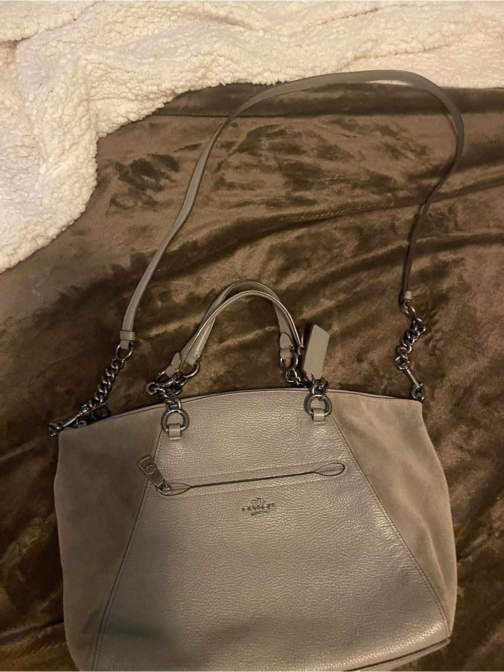 COACH Taupe and gear  Leather & Suede Shoulder Satchel with Chain Strap.